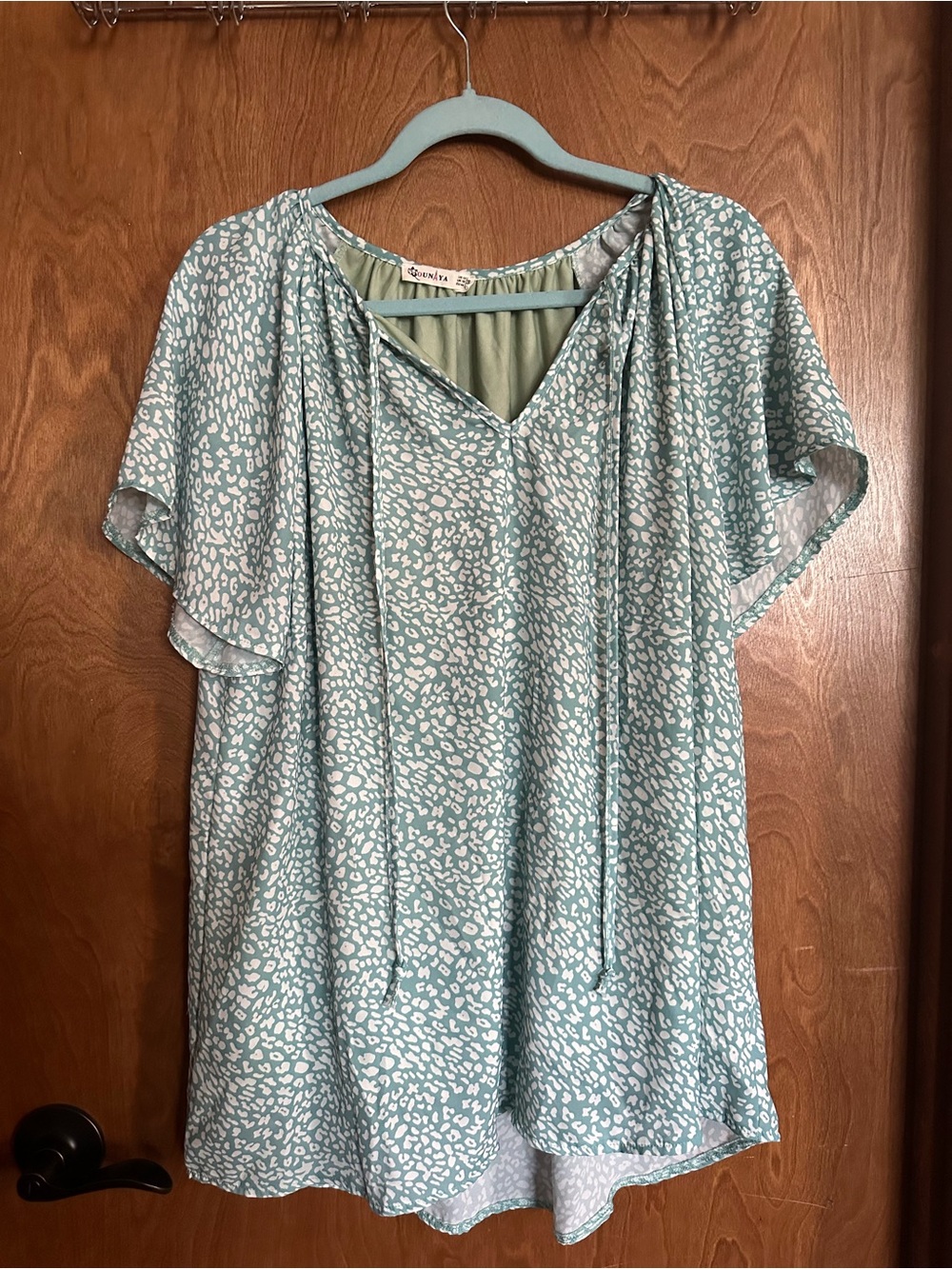 Naya Mint and White Leopard V-Neck Flutter Sleeve Top